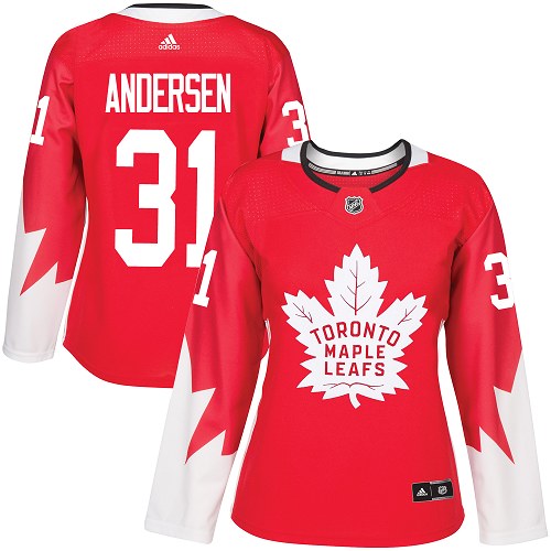 Adidas Maple Leafs #31 Frederik Andersen Red Team Canada Authentic Women's Stitched NHL Jersey - Click Image to Close